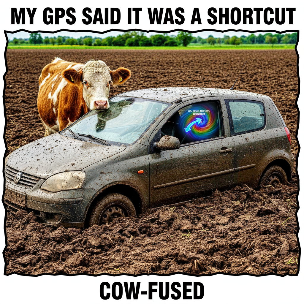 GPS said 'turn left.' I turned left. Now I'm in a field with a cow staring at me. Thanks, GPS. 🐮