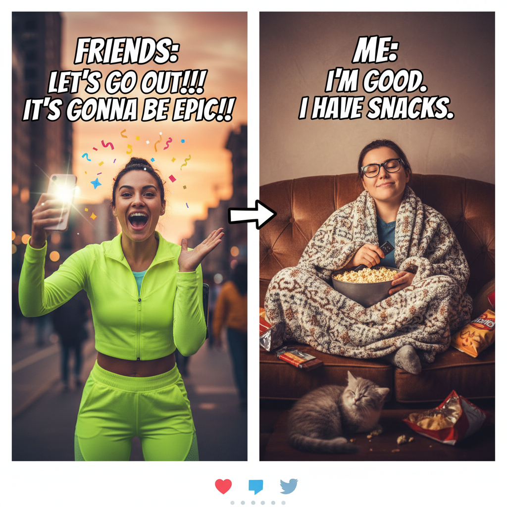 Extrovert: 'Let's go out!' Introvert: 'My couch has snacks and understands me.'
