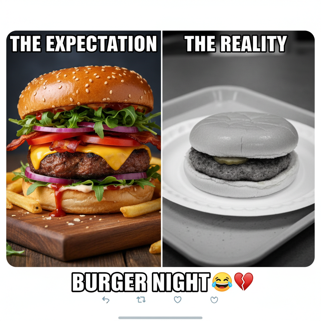 Ordered a gourmet burger, got a sad patty on a bun. My disappointment is immeasurable.