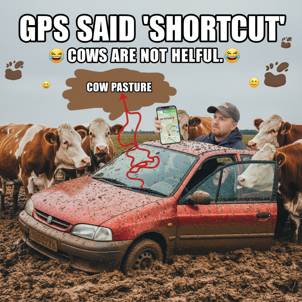 GPS said 'turn left in 500 feet.' We're now in a cow pasture. Thanks, GPS.