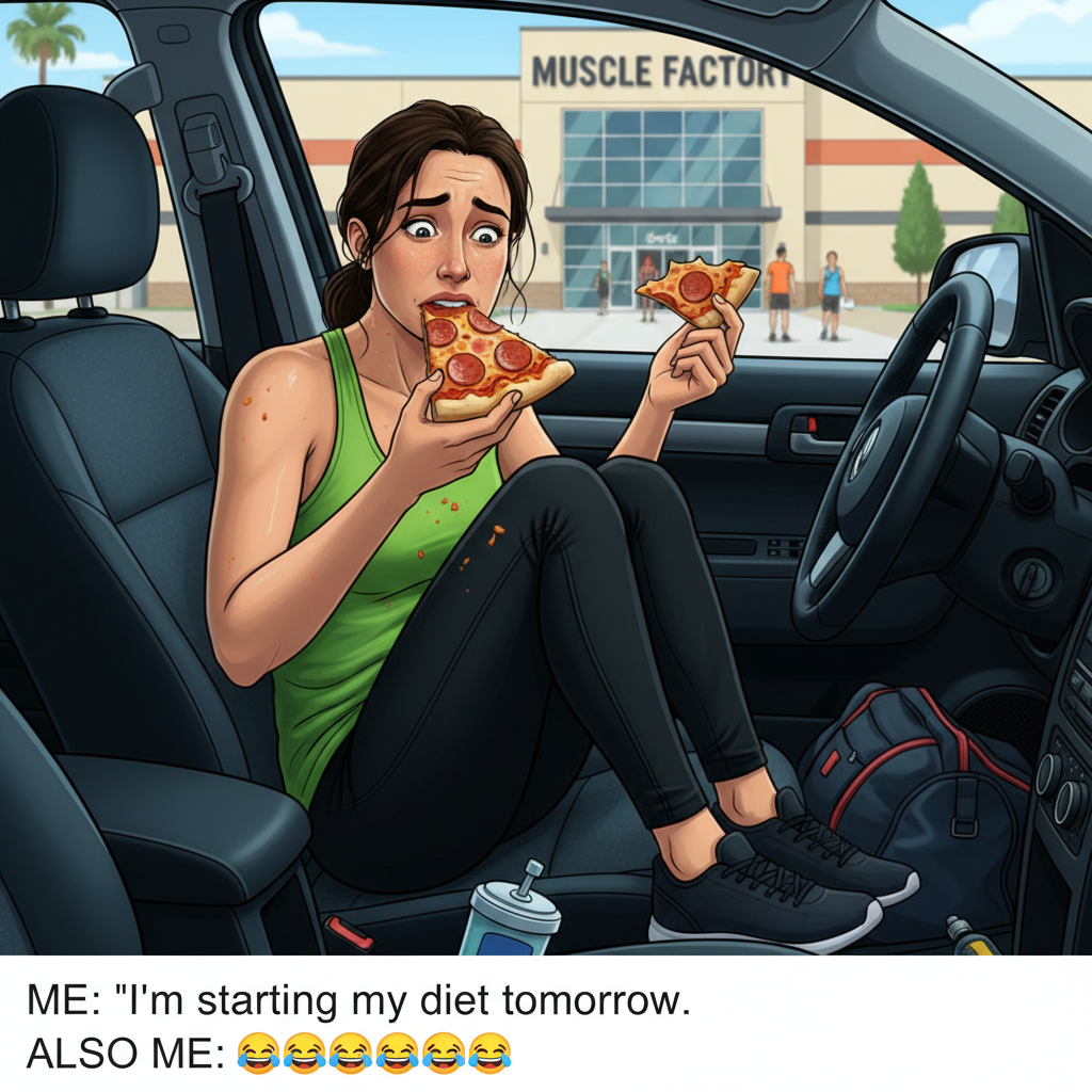 My 'gym buddy' just spotted me eating pizza in the car. This is why I train alone.