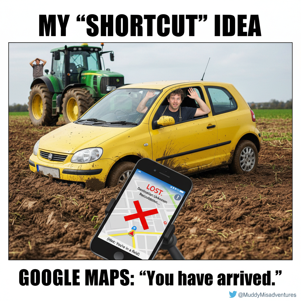 GPS said 'turn left in 50 feet'. I'm now in a farmer's field. Thanks, Siri.