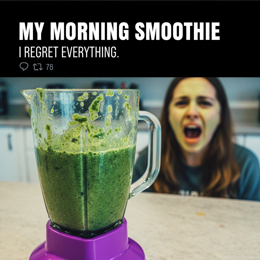 Tried to make a 'healthy' smoothie. Ended up with green sludge that tasted like regret. #CookingFail