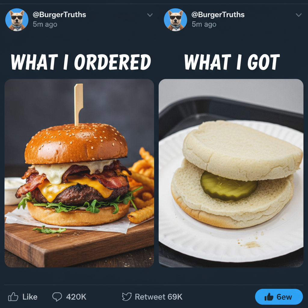 Ordered a gourmet burger. Got two buns and a pickle. My disappointment is immeasurable. #FoodDelivery