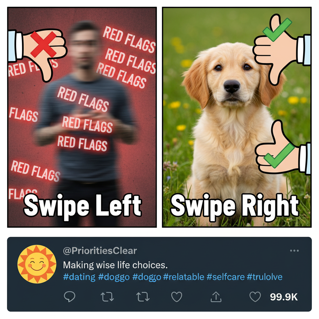 Swipe left on the red flags, swipe right on the dog pics. Dating app strategy 101.