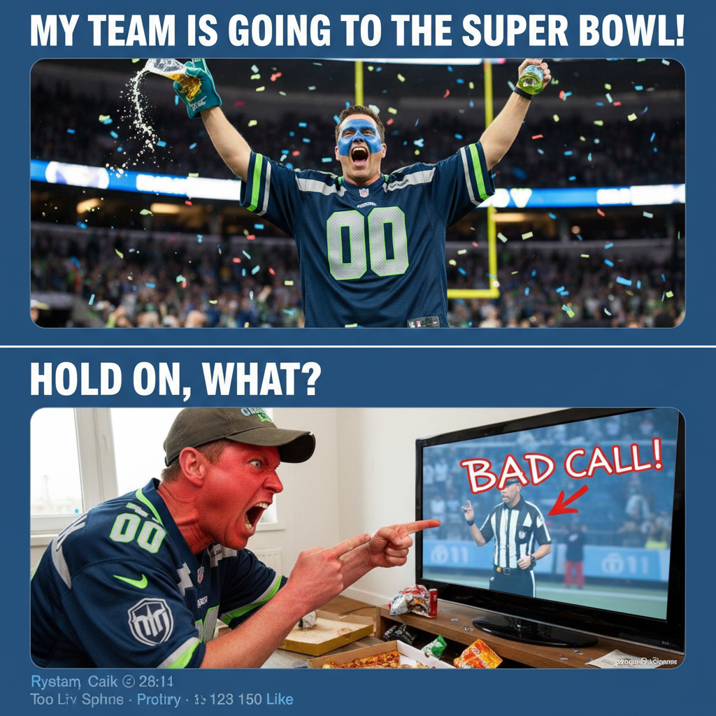 My team scores: I am the greatest fan ever. My team concedes: THE REFS ARE BLIND!