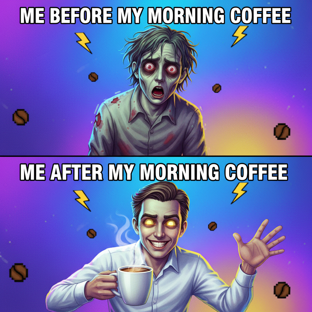 Me before my morning coffee vs. Me after my morning coffee. A transformation.