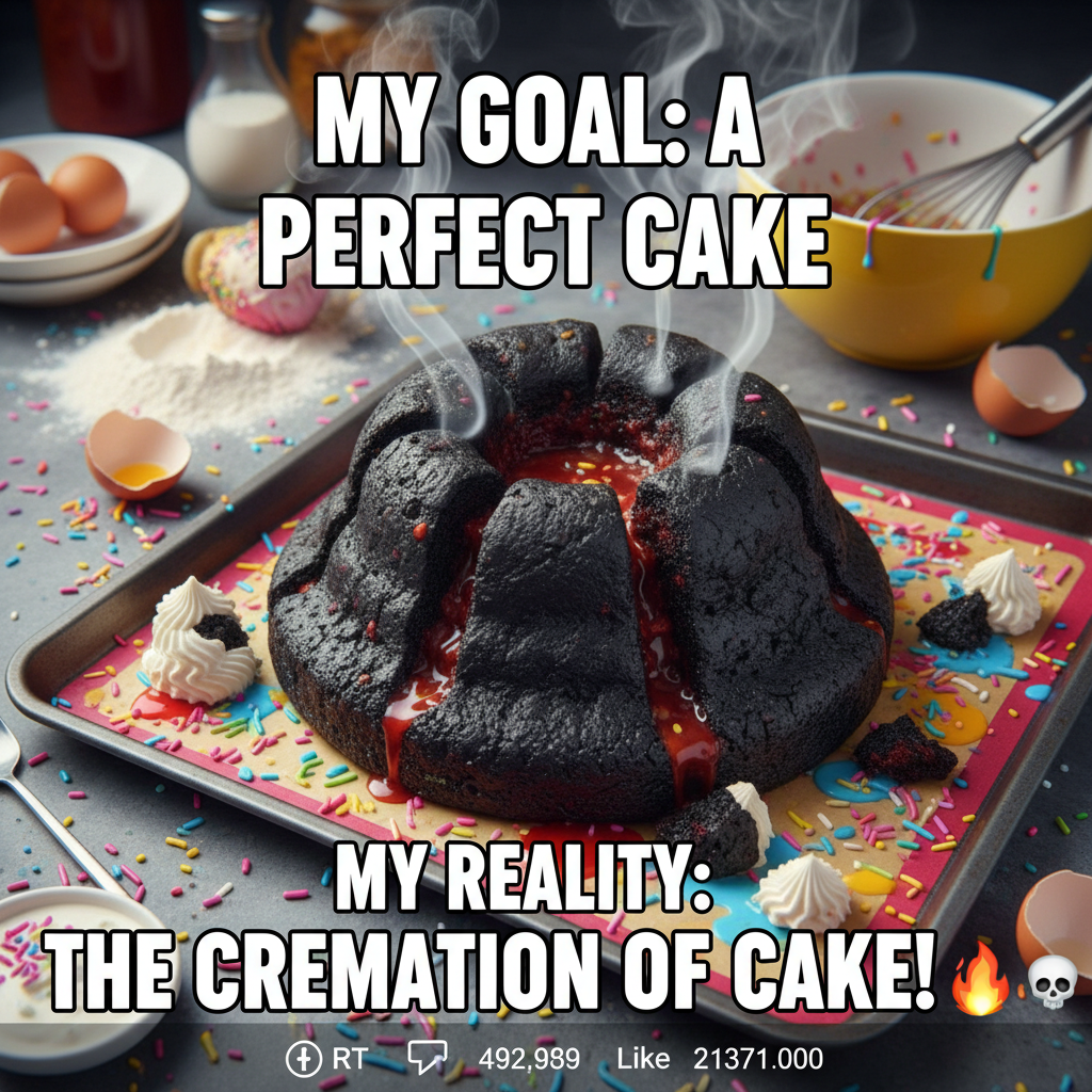 Tried to bake a cake, ended up with a charcoal briquette. Gordon Ramsay would cry.