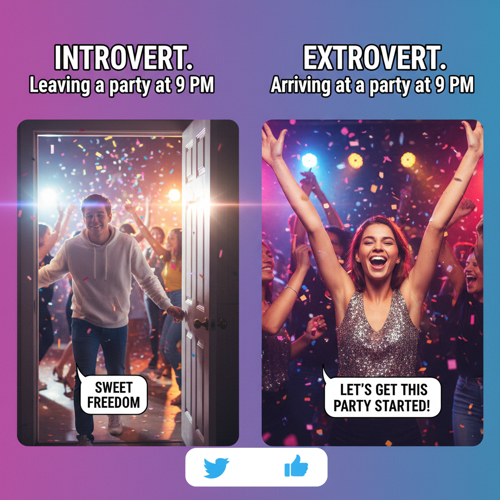Introvert at a party: 'I've recharged enough, time to go home.' Extrovert: 'The party just started!'