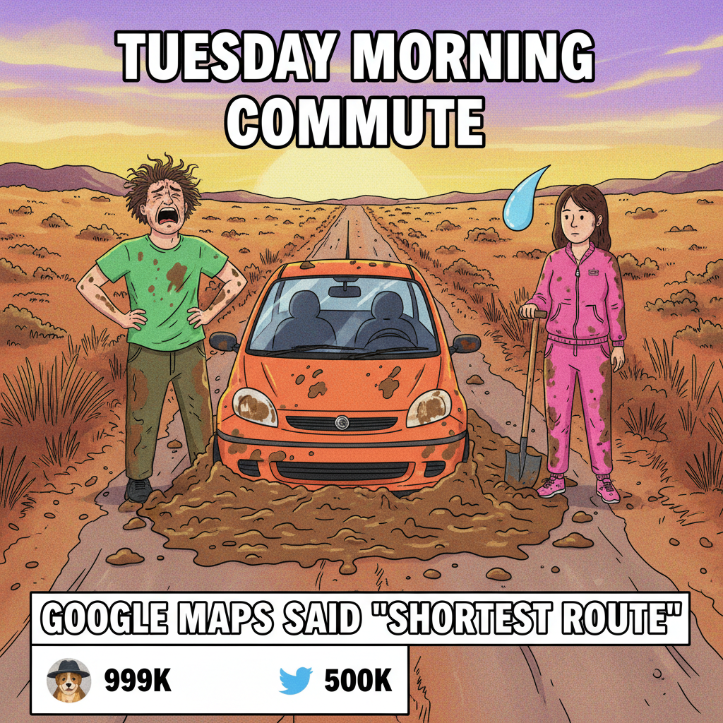 Road trip rule #1: Never trust the person who says 'I know a shortcut.' It's always a dirt road.