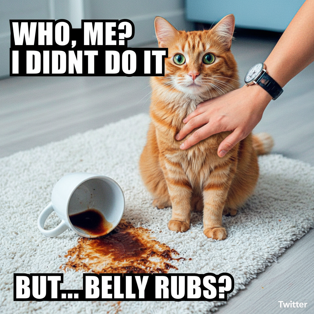 My cat just knocked my coffee over, then demanded belly rubs. The audacity!