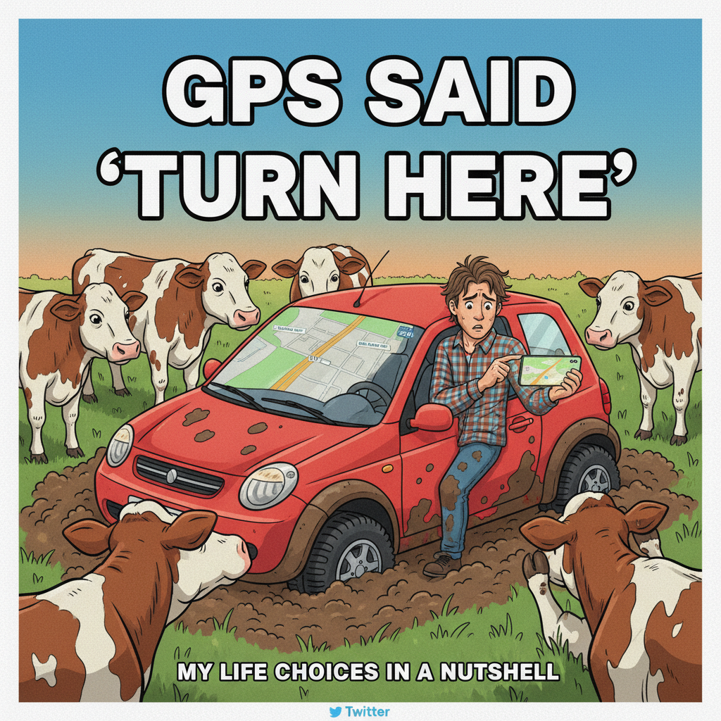 GPS said 'turn left in 500 feet.' We're now in a cow pasture. Send snacks.