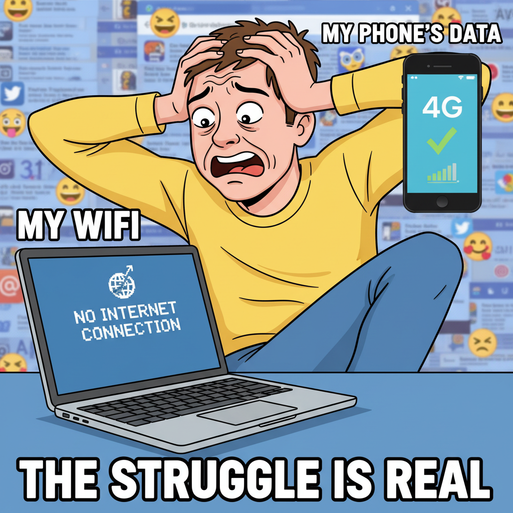 The five stages of grief when the WiFi goes down: Denial, Anger, Bargaining, Depression, Data Plan.