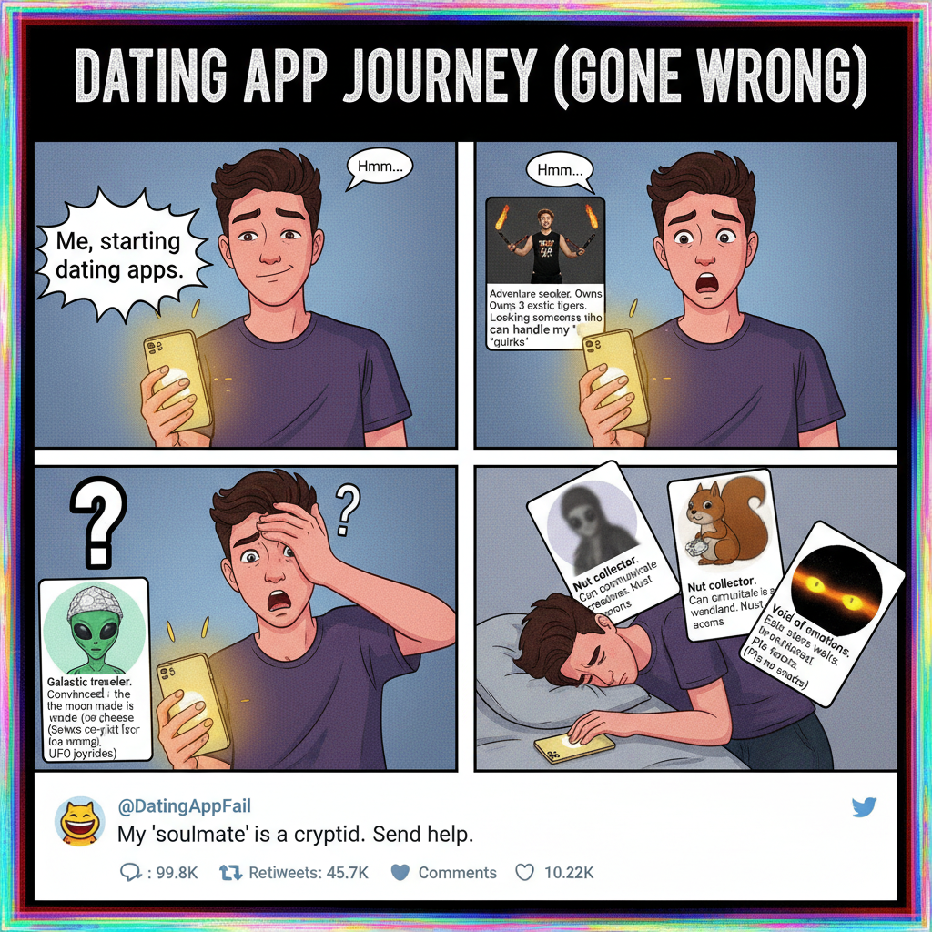 Dating apps: Where 'adventurous' means 'never leaves their couch.'