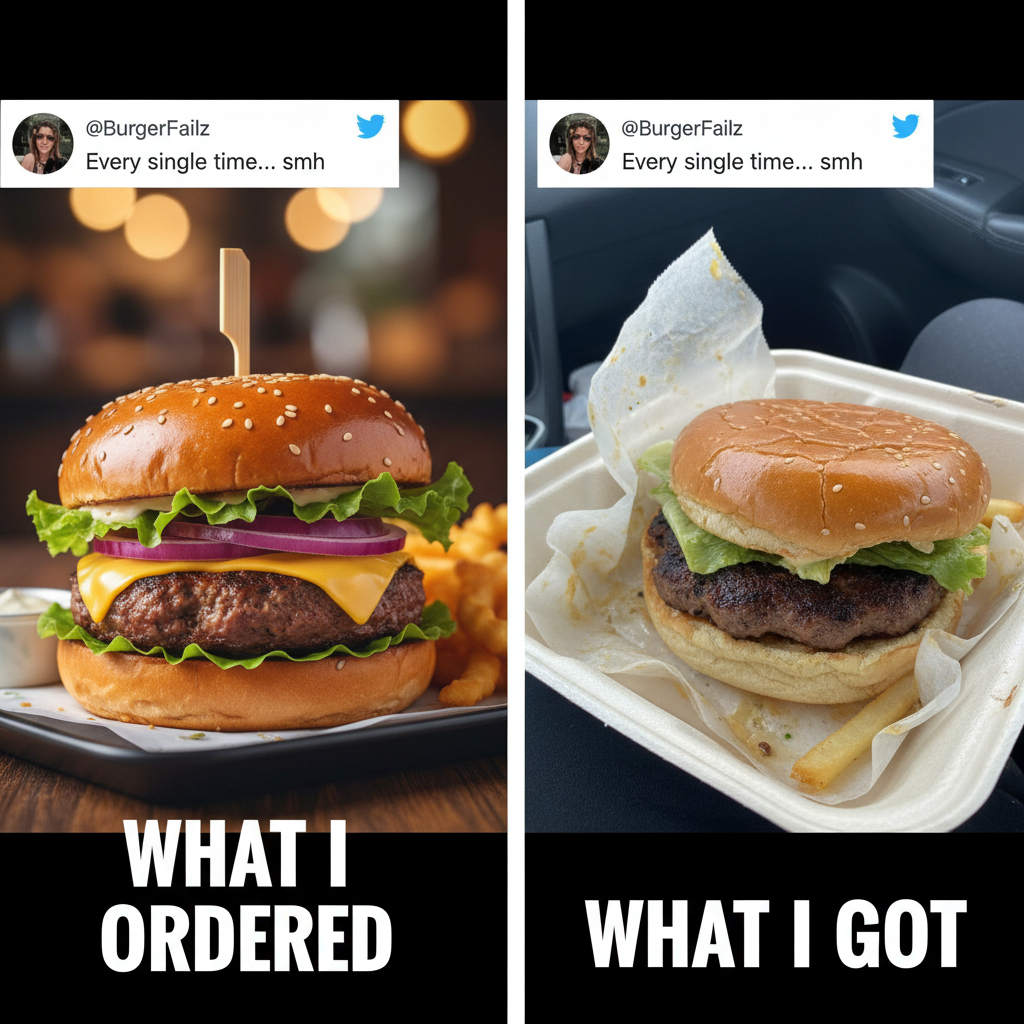 Ordered a gourmet burger. Got a sad patty in a bun. Expectations vs. reality hit hard.