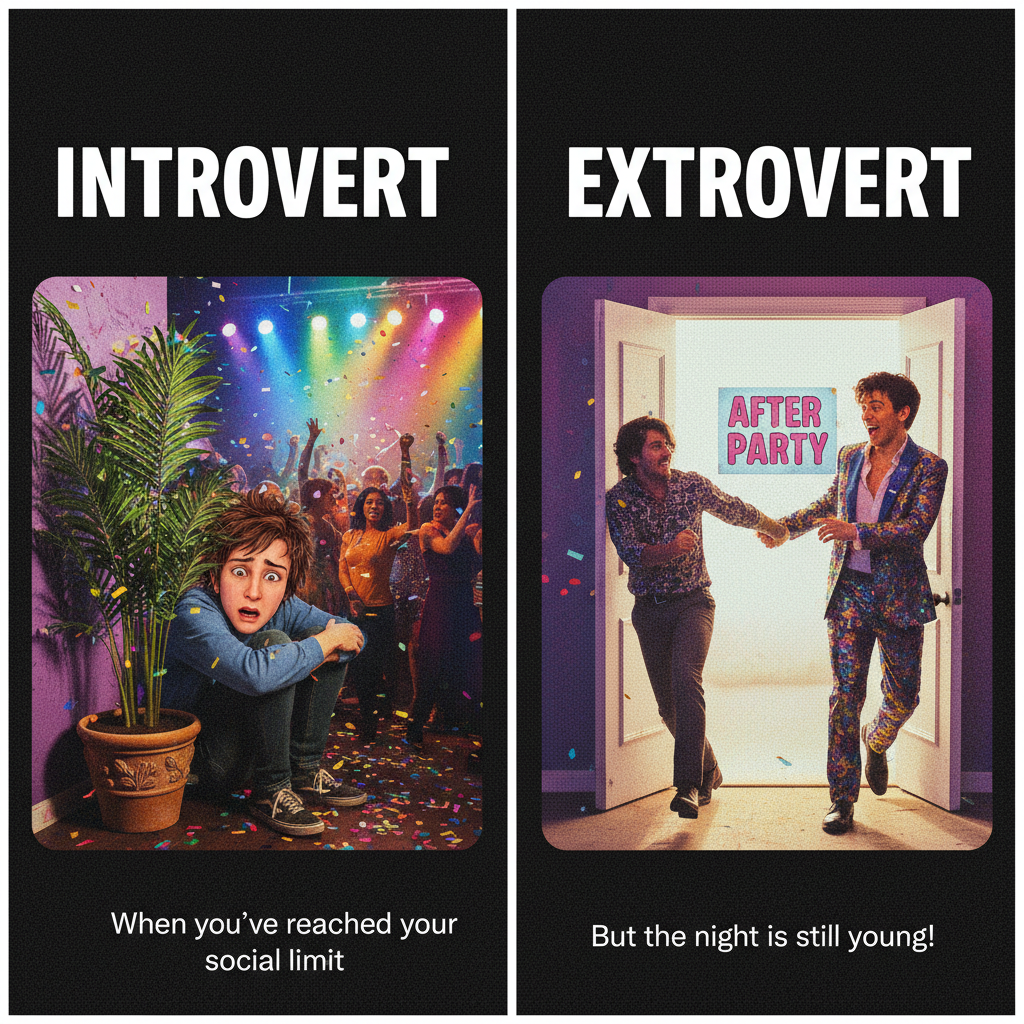 Introvert at a party: 'I need to recharge.' Extrovert: 'Let's go to another party!'