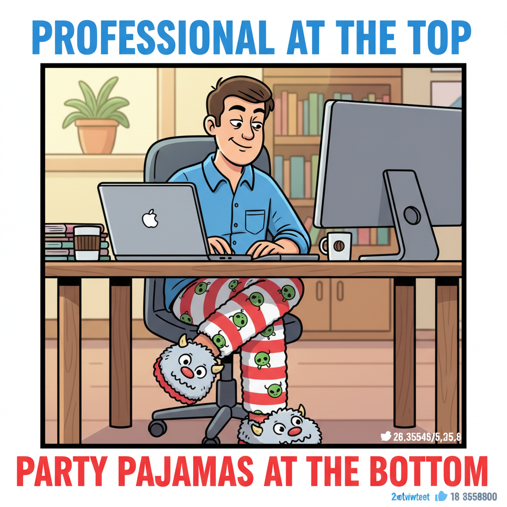 My 'work from home' outfit is a business top and pajama bottoms. The duality of man.