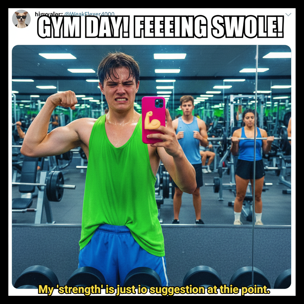 Went to the gym. Did 3 reps. Took a selfie. Called it a day. #FitnessJourney