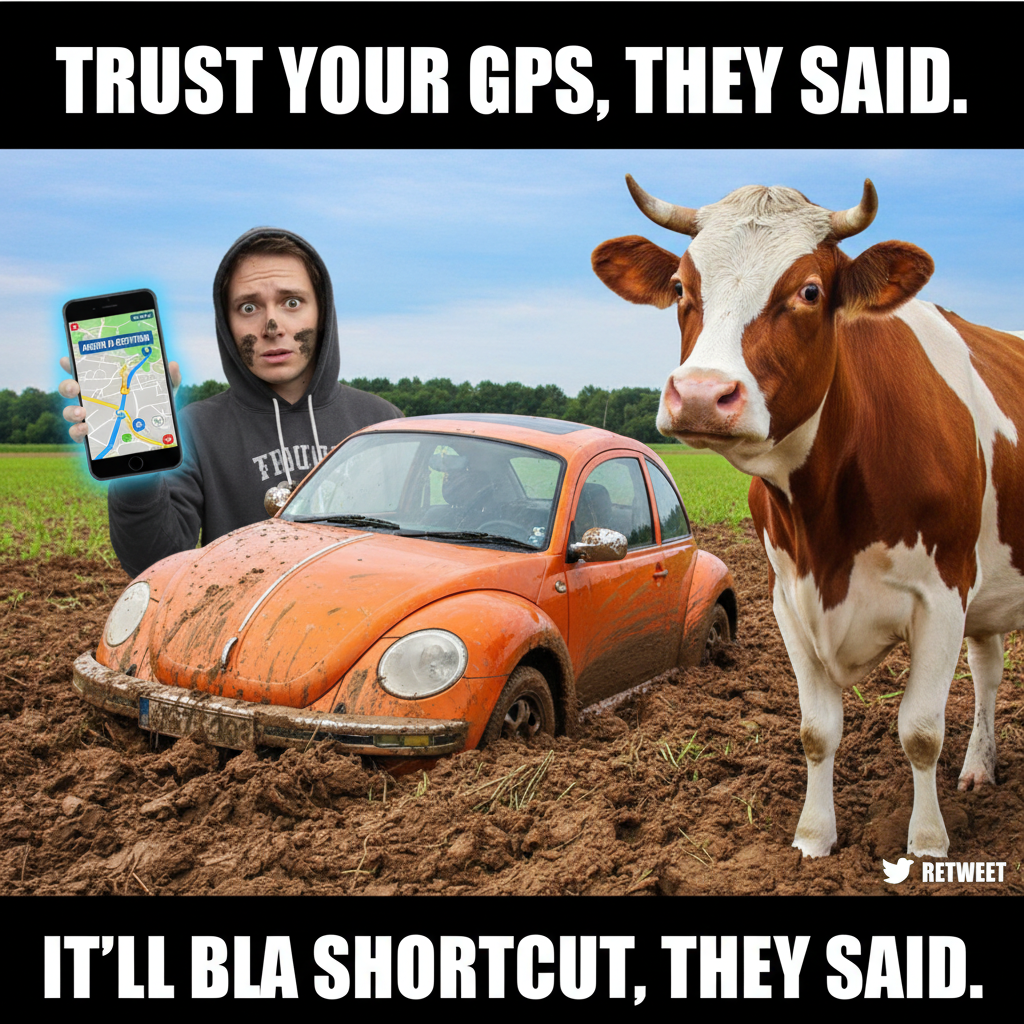 GPS said 'turn left.' I'm now in a field talking to a cow. Send help.