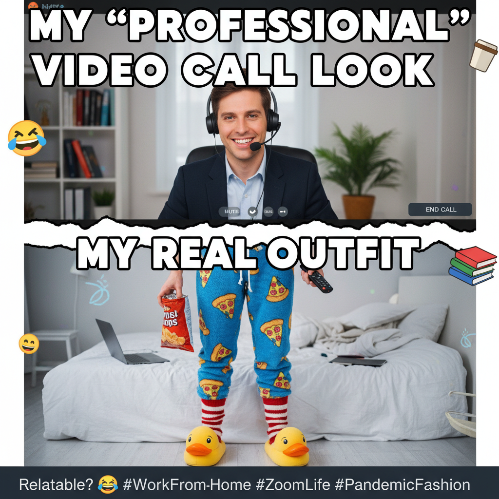 My WFH uniform: business on top, pajama pants on the bottom. The duality of man.