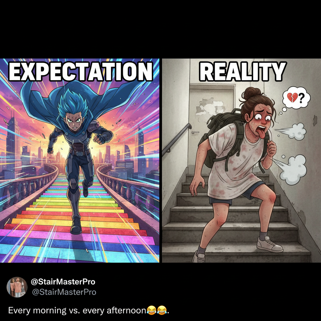Me trying to run up stairs like an anime character vs. reality. 🏃‍♂️💨