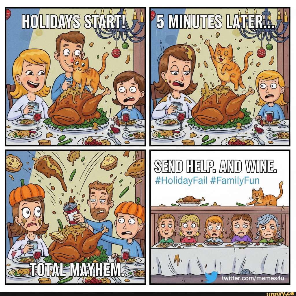 My family dinner is less 'festive' and more 'Hunger Games.' Send snacks & sanity.