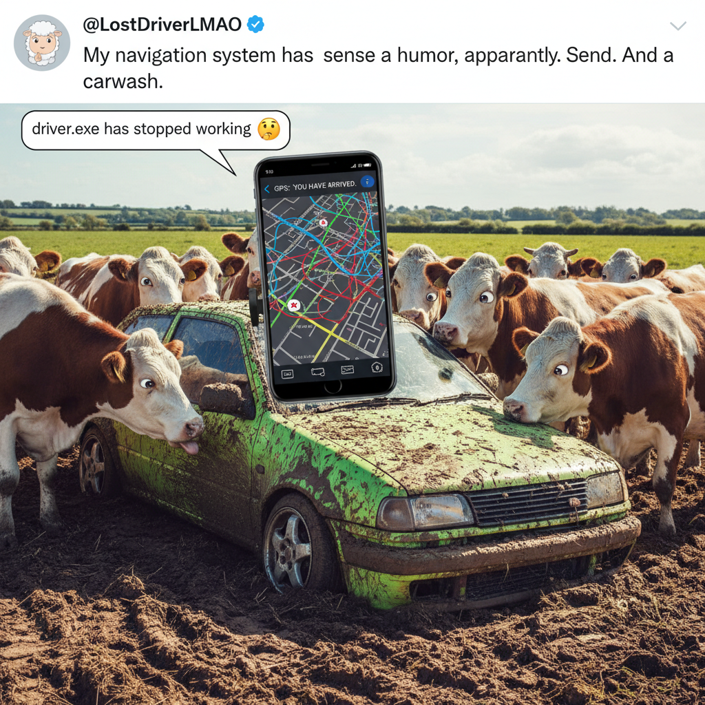 GPS said 'turn left in 500 feet.' We're now in a cow pasture. Thanks, technology. 🤦‍♀️