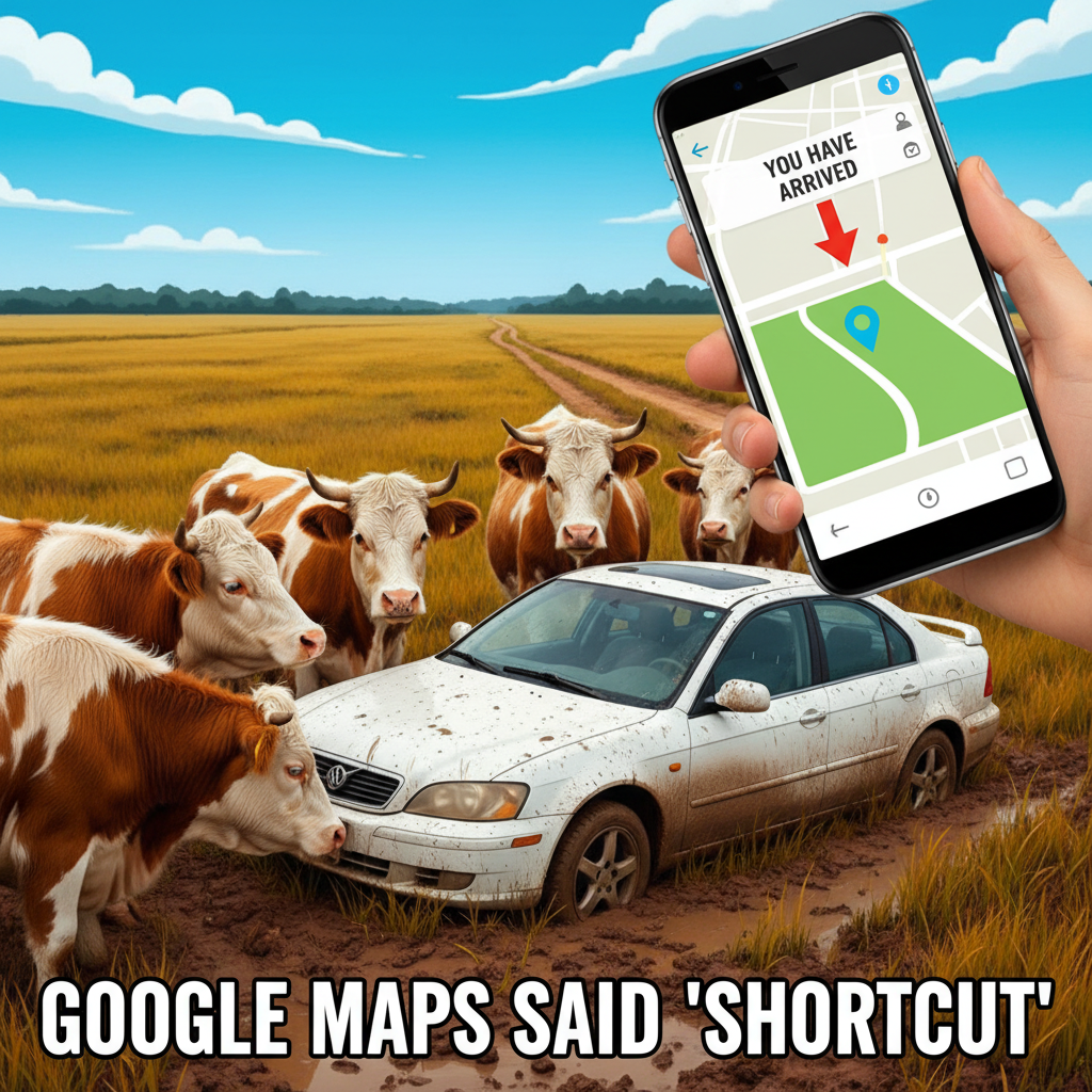GPS said 'turn left in 500 feet.' We're now in a cow pasture. Send help.