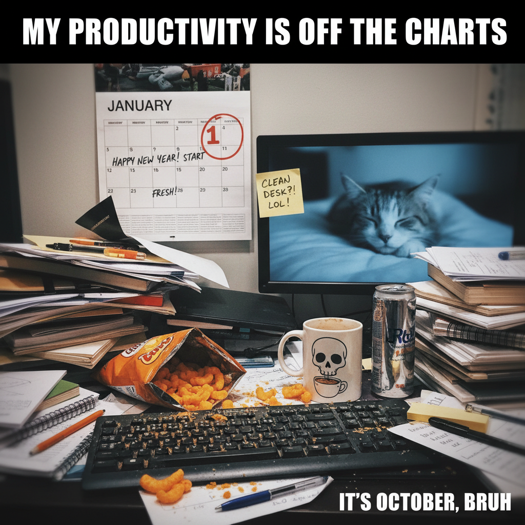 My New Year's resolution was to be more organized. My desk currently looks like a tornado hit a paper factory.