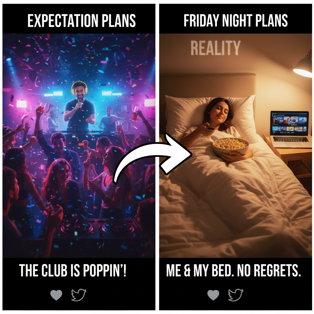 Friday night plans: Clubbing till dawn. Reality: Debating if 8 PM is too early for bed.