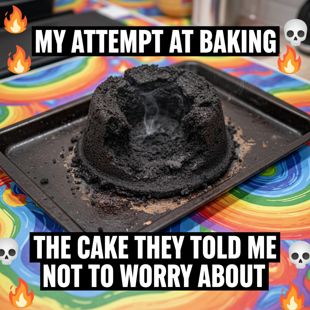 Tried to make a cake, ended up with a charcoal briquette. Still tasted... unique?