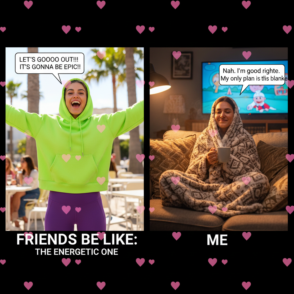 Extrovert: 'Let's go out!' Introvert: 'My couch has plans for me.'