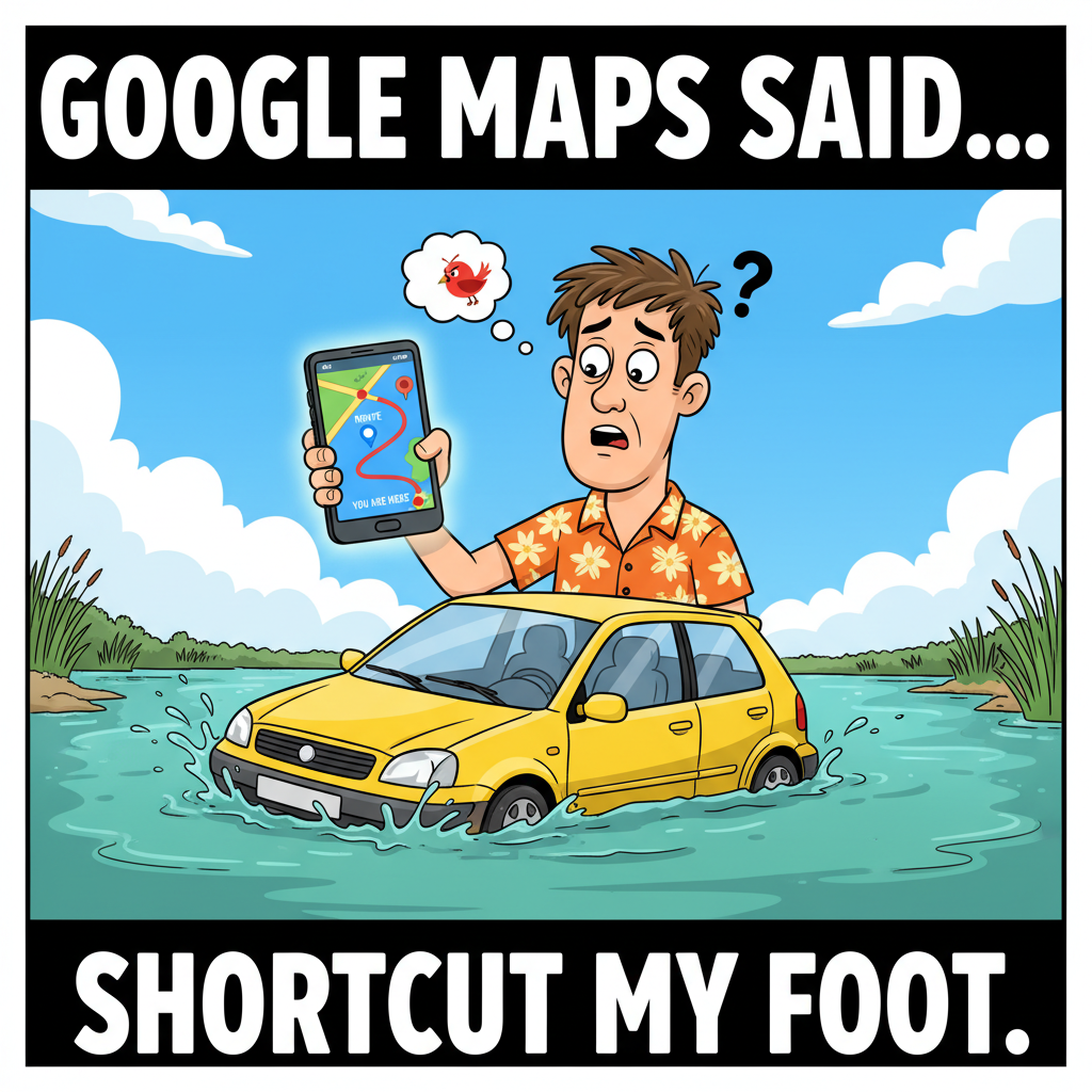 GPS told us to turn left into a lake. 10/10 would not recommend that shortcut.