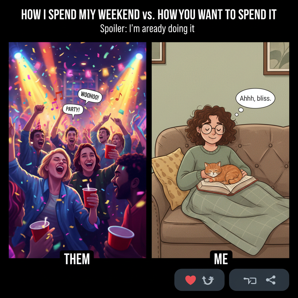 Extrovert: 'Let's hang out with 20 people!' Introvert: 'My cat is busy.'