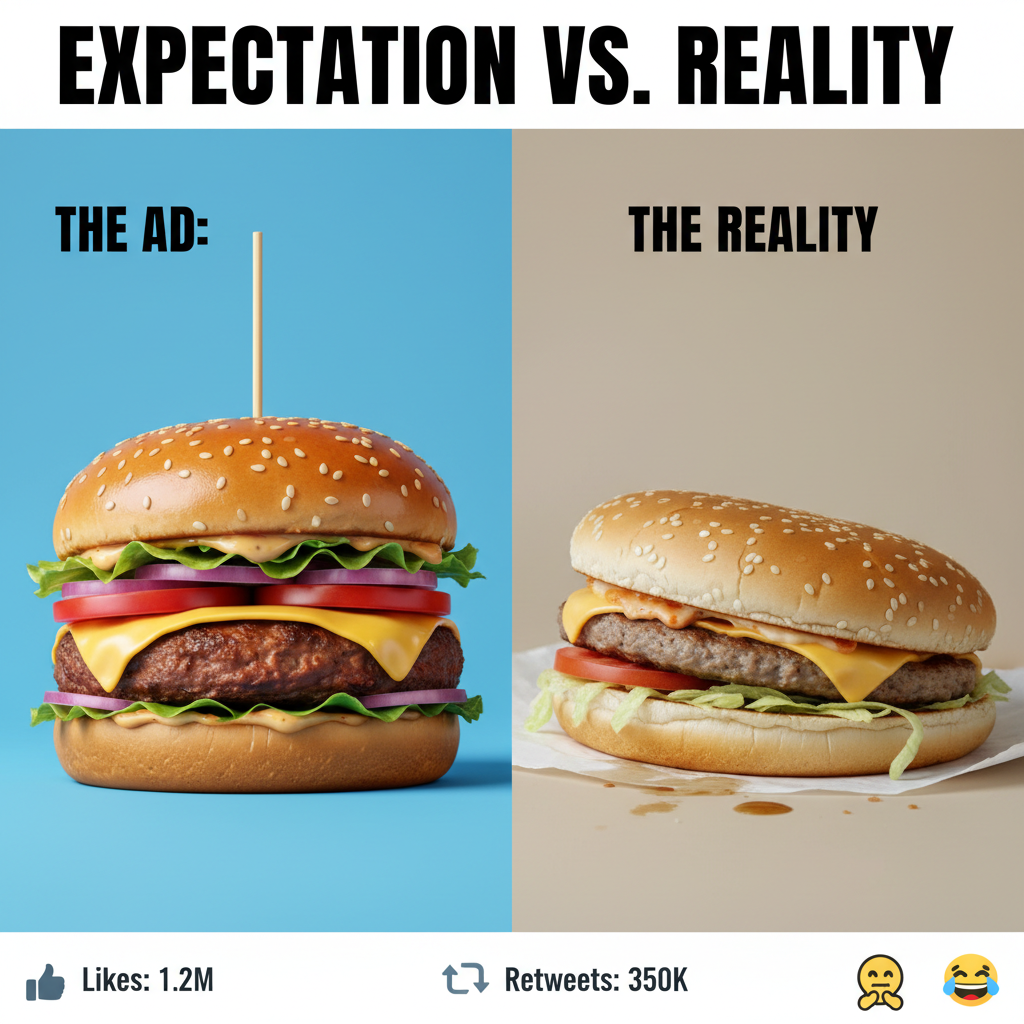 Ordered a gourmet burger, got a sad patty. My food delivery expectation vs reality is a tragedy.
