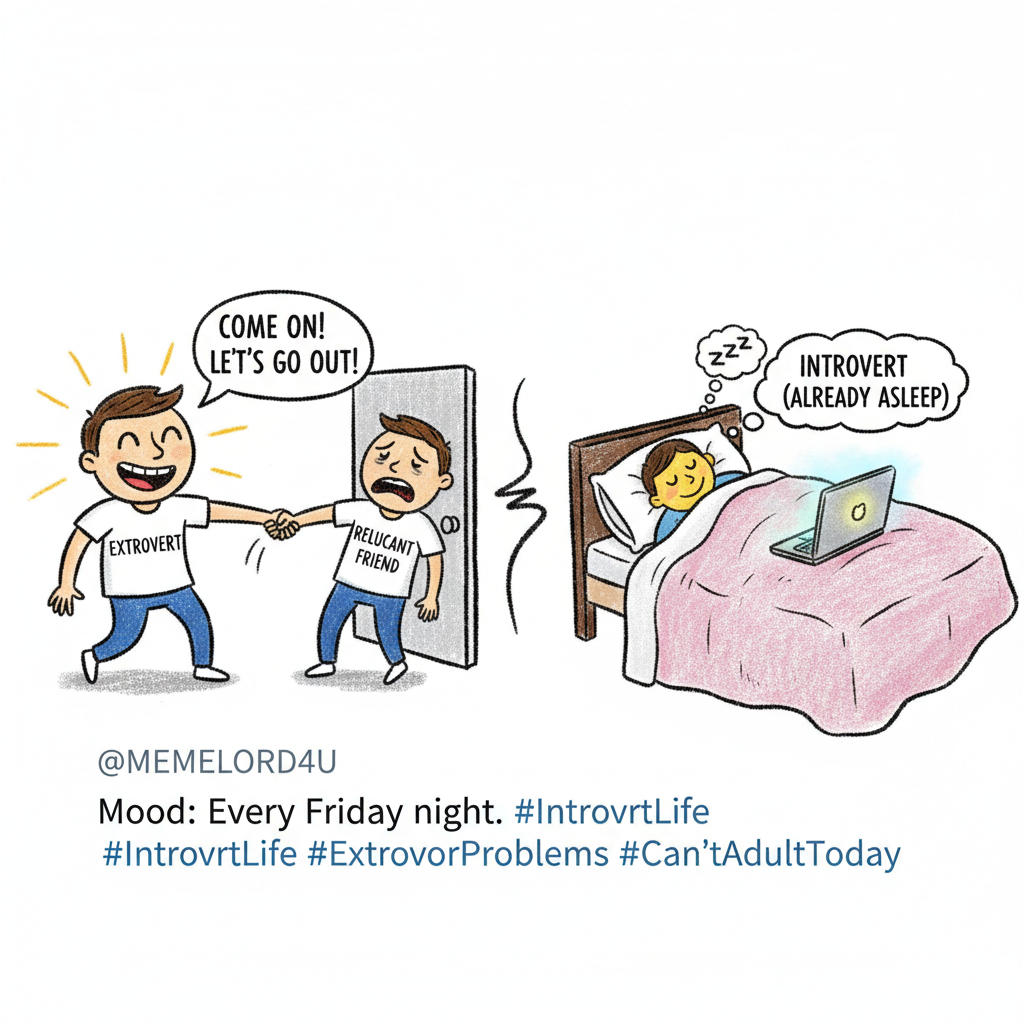 Extrovert: 'Let's go out!' Introvert: *already in bed, pretending to be asleep*