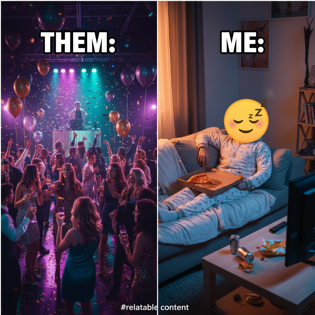 Friday night plans: ✨🥂💃 Reality: 🛋️🍕😴