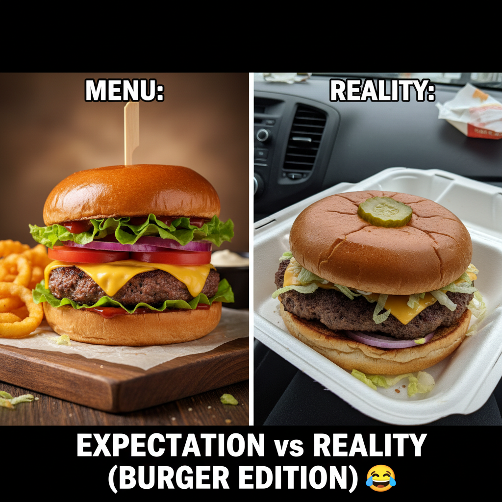 Ordered a gourmet burger. Got a sad patty that looks like it lost a fight with gravity.