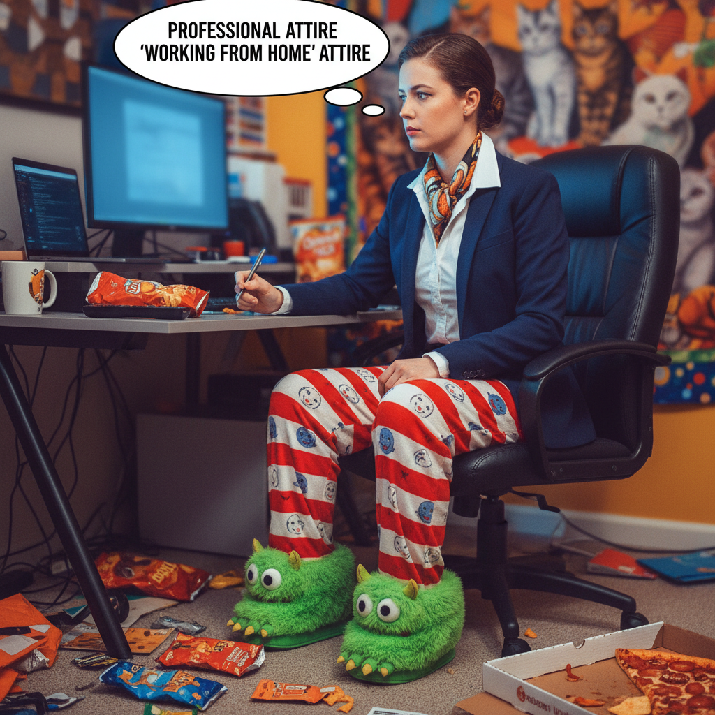 My 'work from home' outfit is a blazer on top, pajama bottoms on bottom. Peak professionalism.