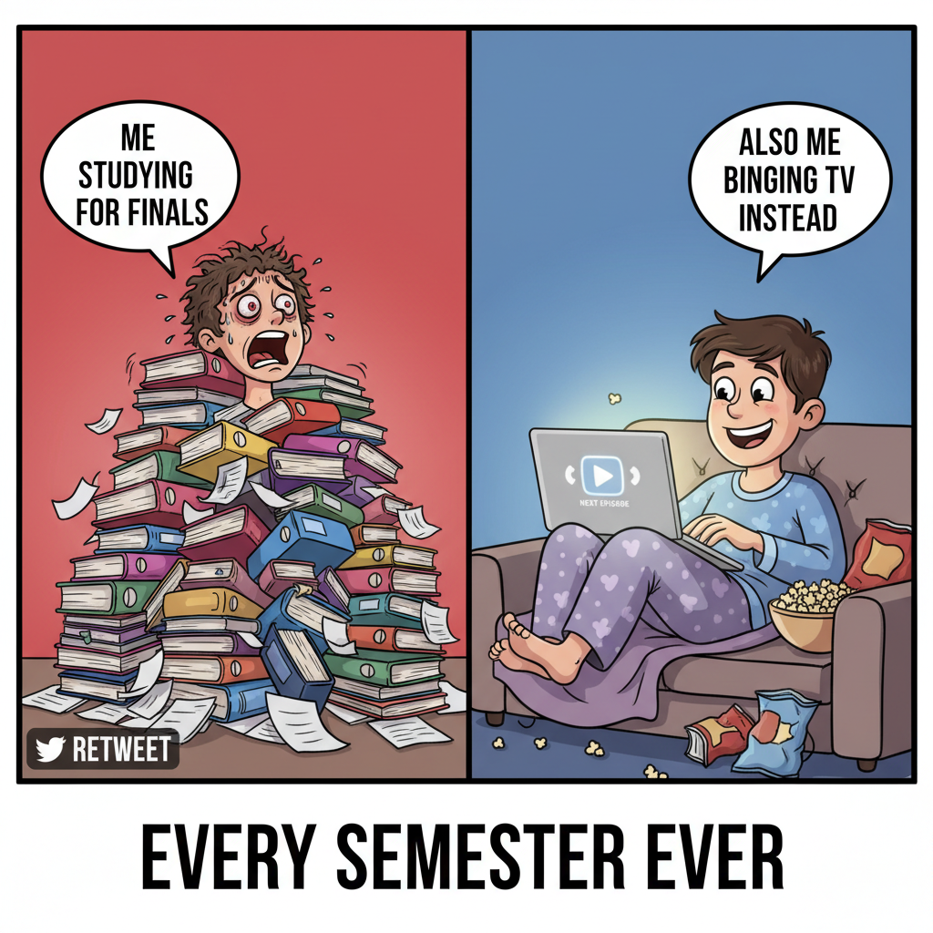 My brain during exam season: 'We're going to fail. But first, let's watch 3 more episodes.'