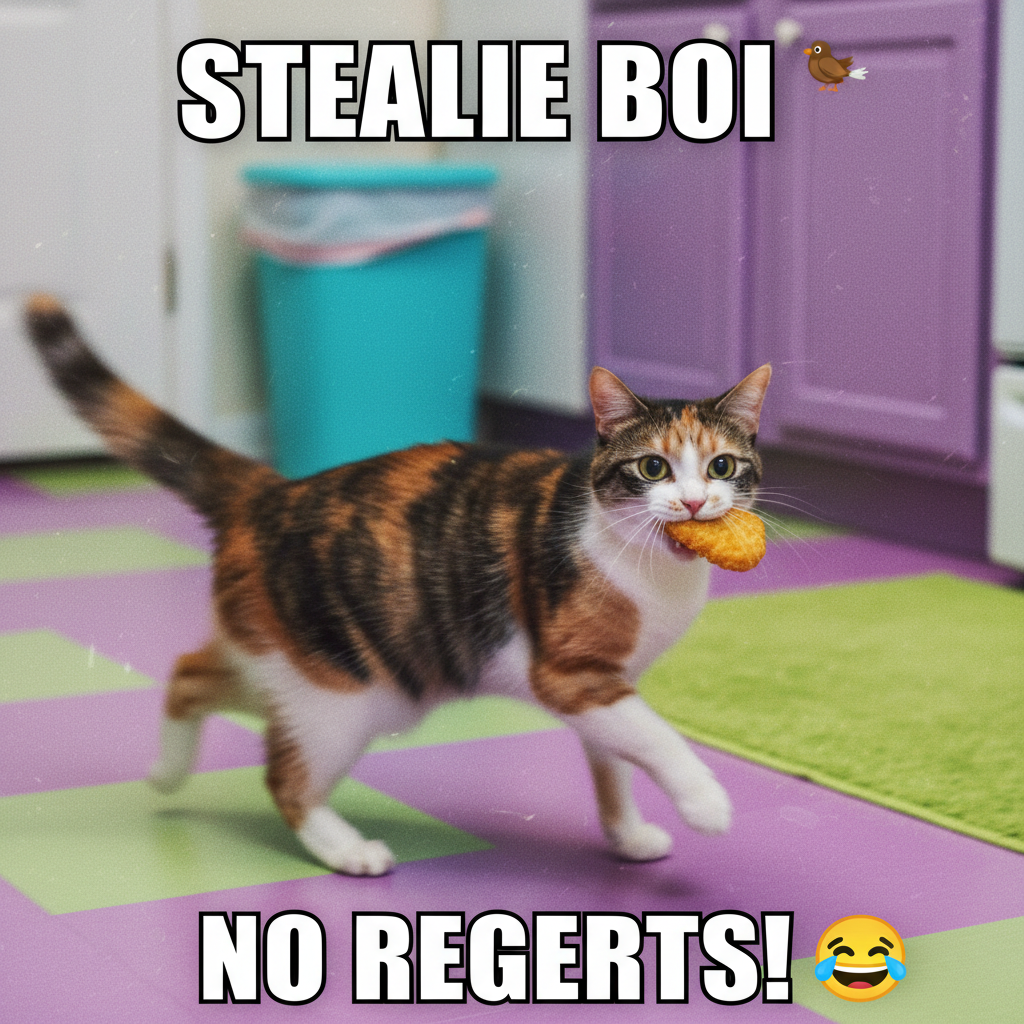 My cat just stole a whole chicken nugget mid-blink. Send help (and more nuggets).