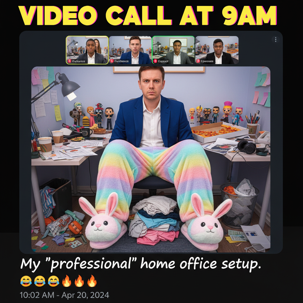 My 'work from home' outfit is 50% professional, 50% pajamas. Send help.
