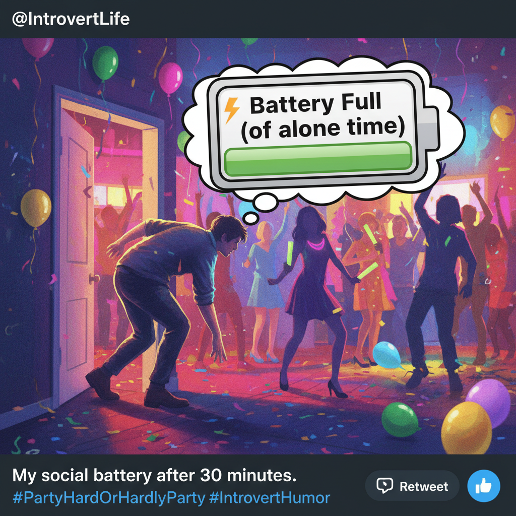 Introvert at a party: 'I've recharged my social battery, time to go home.'