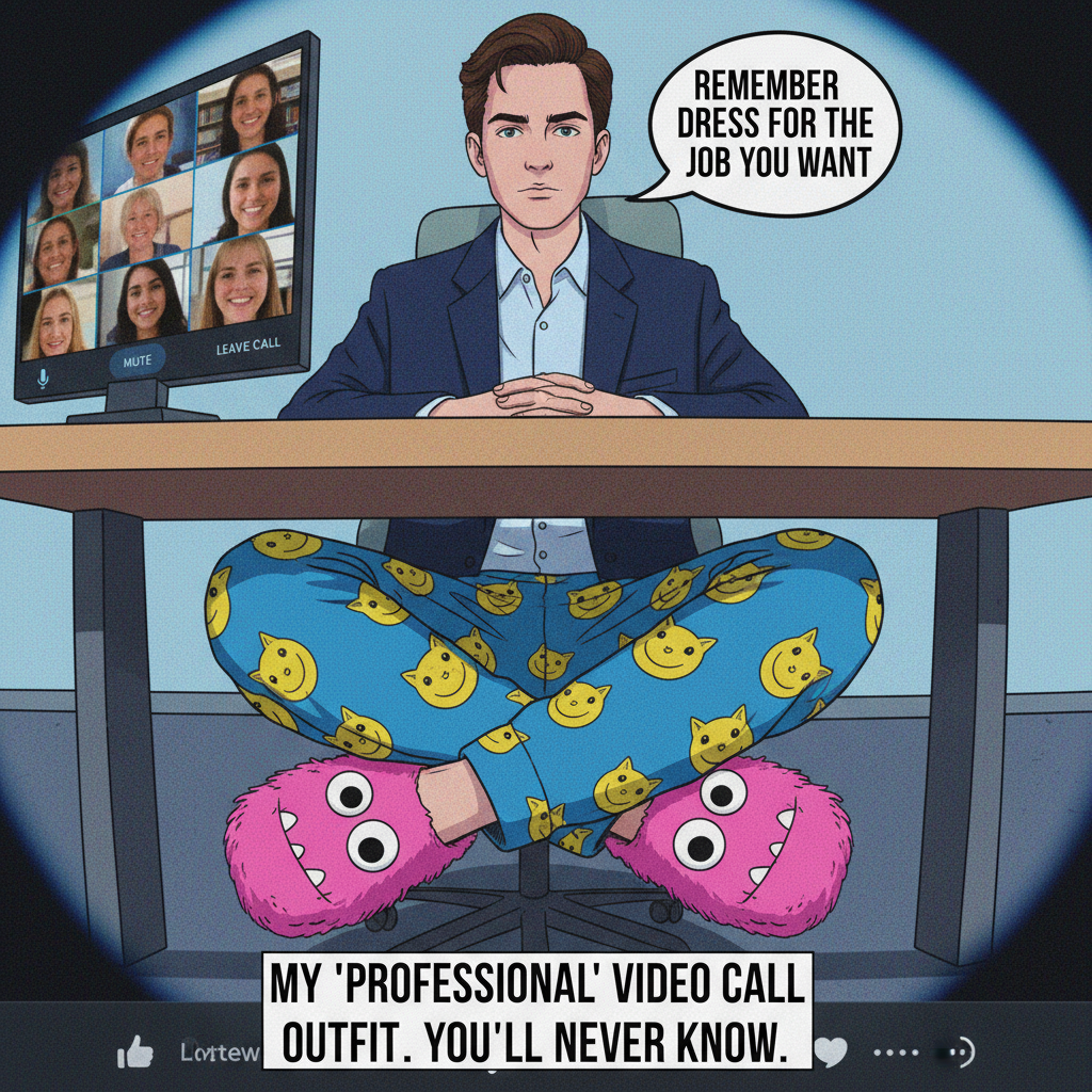 WFH outfit: Business on top, pajama pants and fuzzy socks on the bottom. The duality of man.