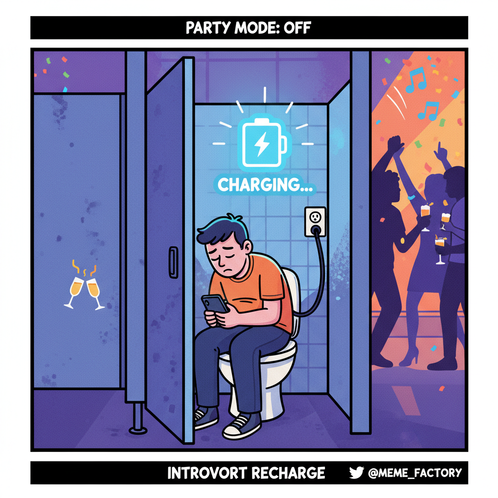Introvert at a party: Charging my social battery in the bathroom. Be back in 2-3 business hours.