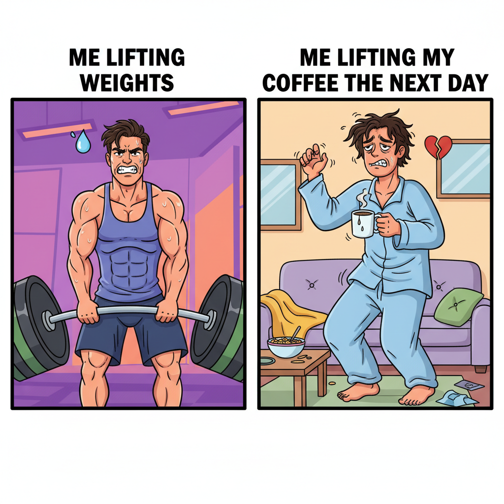 Me at the gym: 'I'm a fitness beast!' Also me: 'Can't lift my coffee cup tomorrow.'