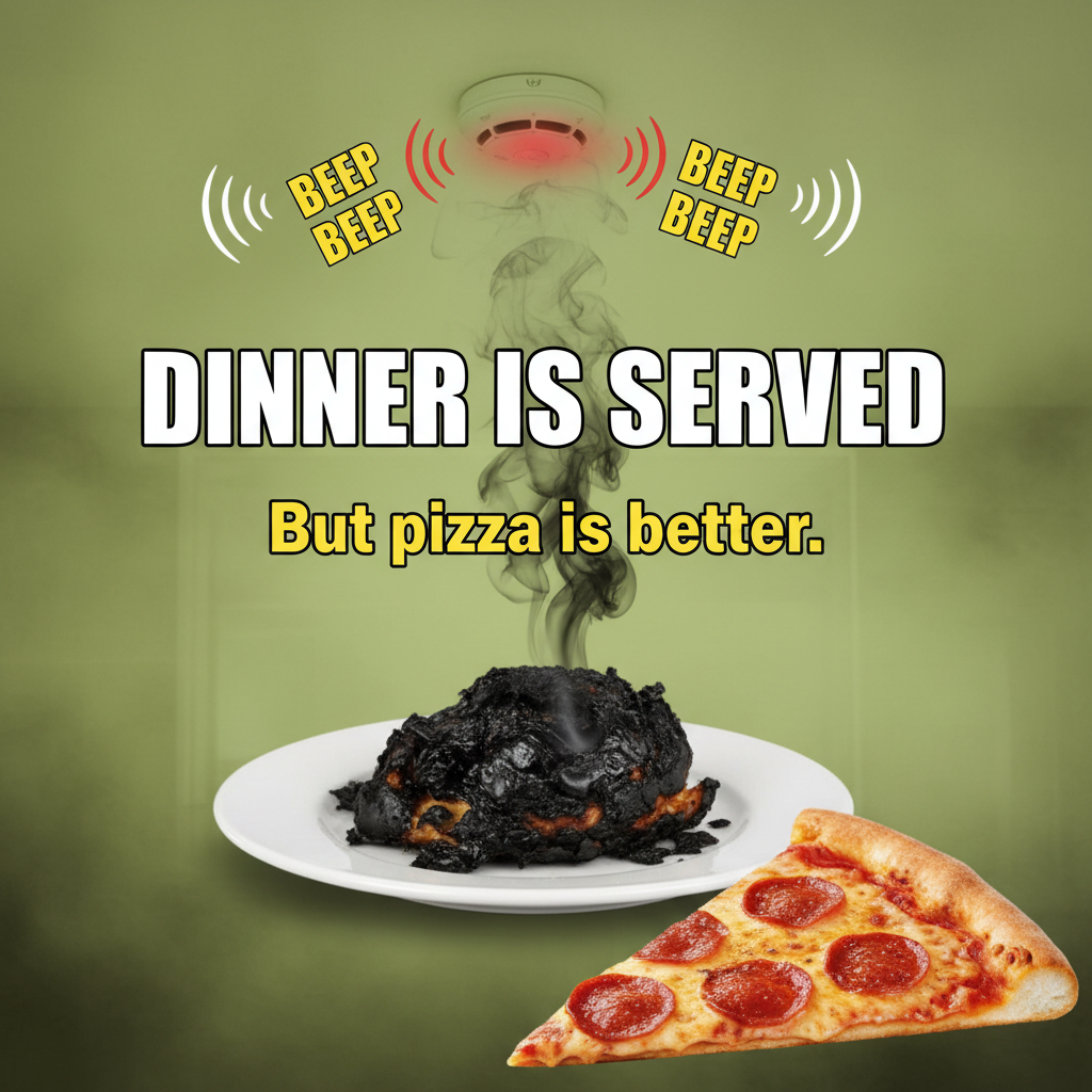 My 'gourmet' dinner turned into a charcoal briquette. Send help (and pizza). #CookingFail