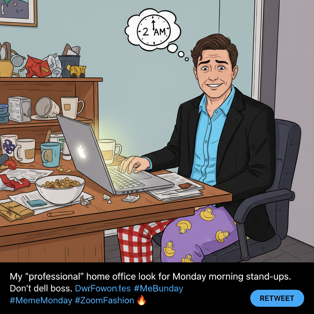 My WFH uniform is 50% sweatpants, 50% existential dread. Productivity: 0%. #WFHLife
