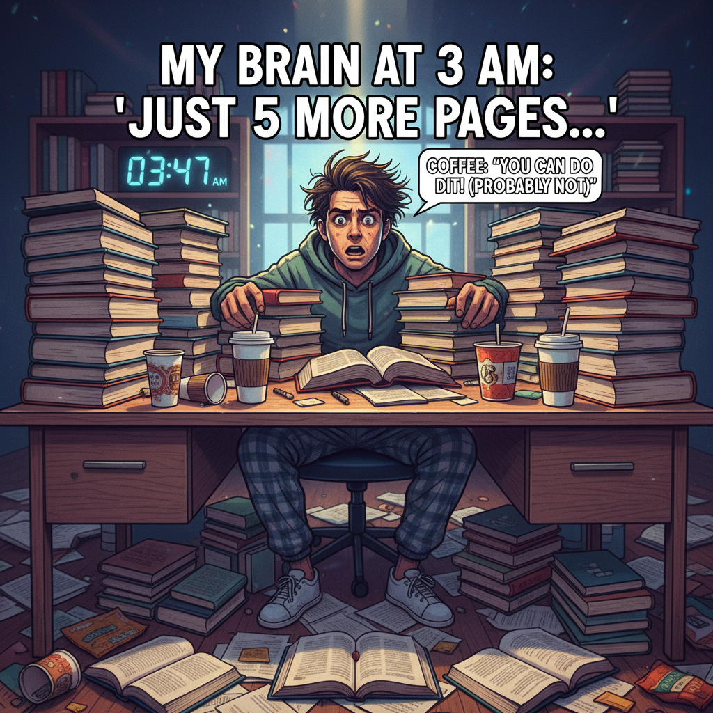 Exam season is just 90% panic, 9% caffeine, and 1% actual studying. Send help.