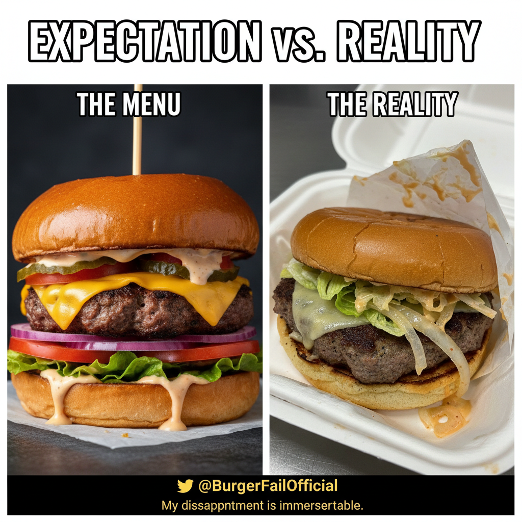 Ordered a gourmet burger. Got a sad patty on a soggy bun. My disappointment is immeasurable.